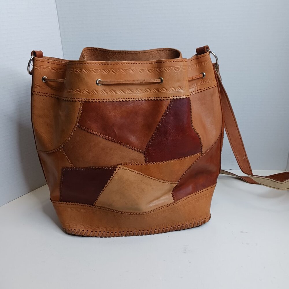 Vintage 80's Leather Patchwork Drawstring Bucket Shoulder Cross Body Bag - Picture 2 of 12